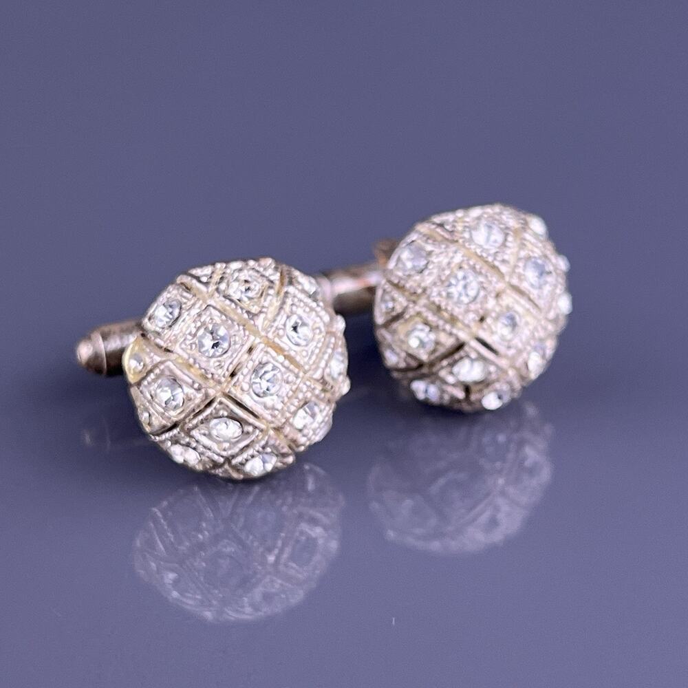Quilted Dome White Rhinestone Cufflinks Silver Tone Unique Flashy Vintage